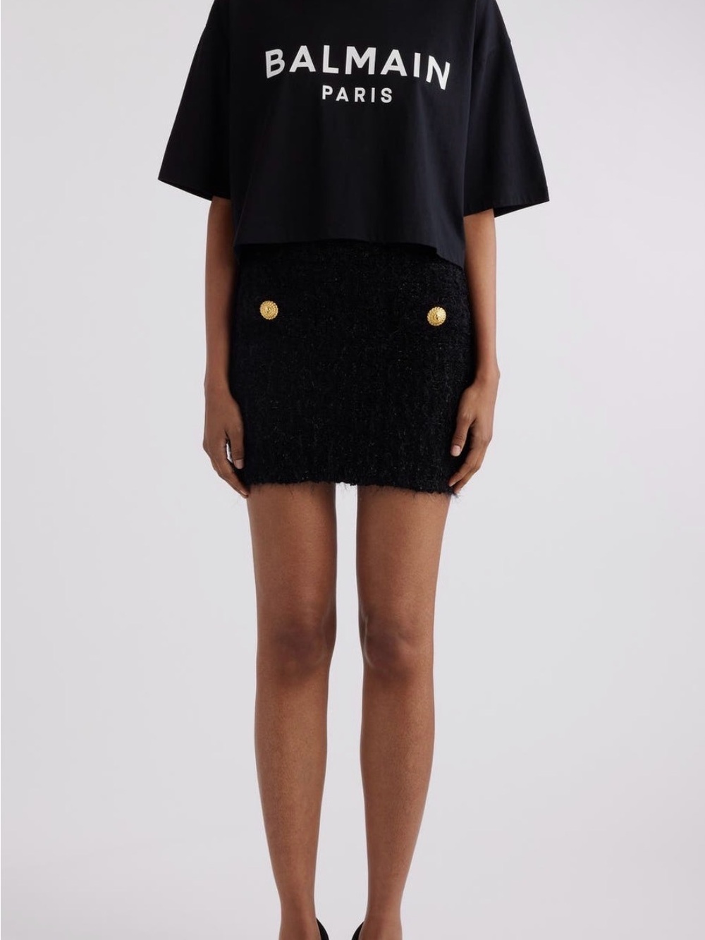 New Balmain Women’s Black Tweed Mini Skirt with Gold Buttons NWT